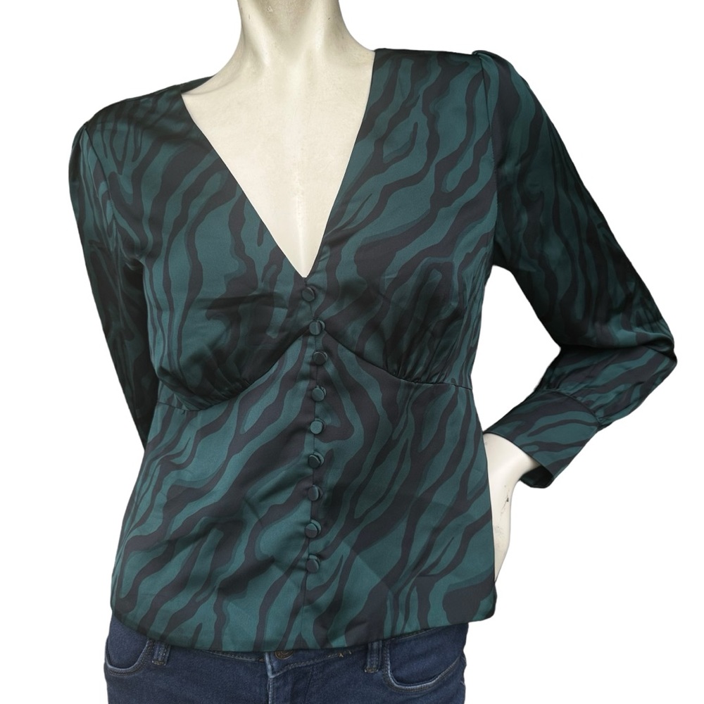 J.Crew Green & Black Satin Zebra Print V Neck Long Sleeve Workwear Blouse Size 2